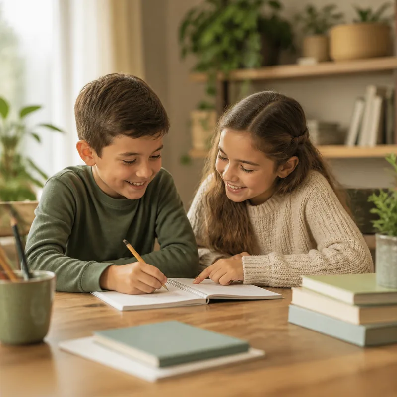 Glückliche Grundschulkinder beim gemeinsamen Lernen zu Hause